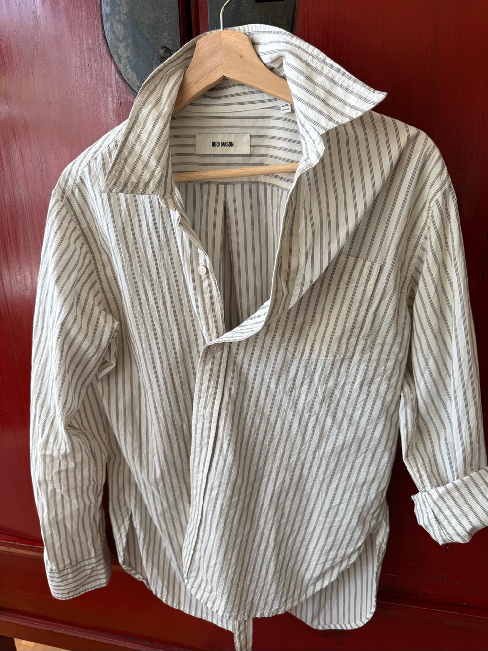 Buck Mason Cream & Light Tan Striped Cotton Button-Down Shirt and matching short